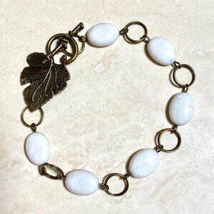 2/20, Natural White Magnesite Bracelet, Genuine Gemstone + Bronze Grape Leaf